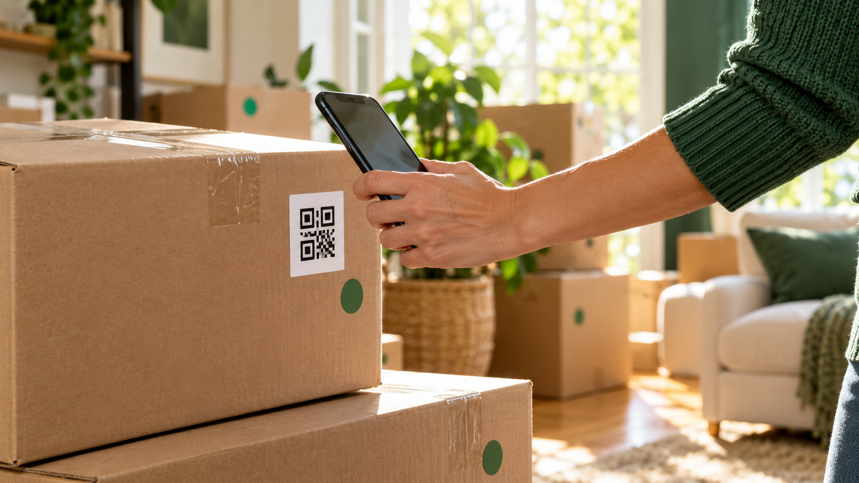 A phone positioned above a labeled moving box
